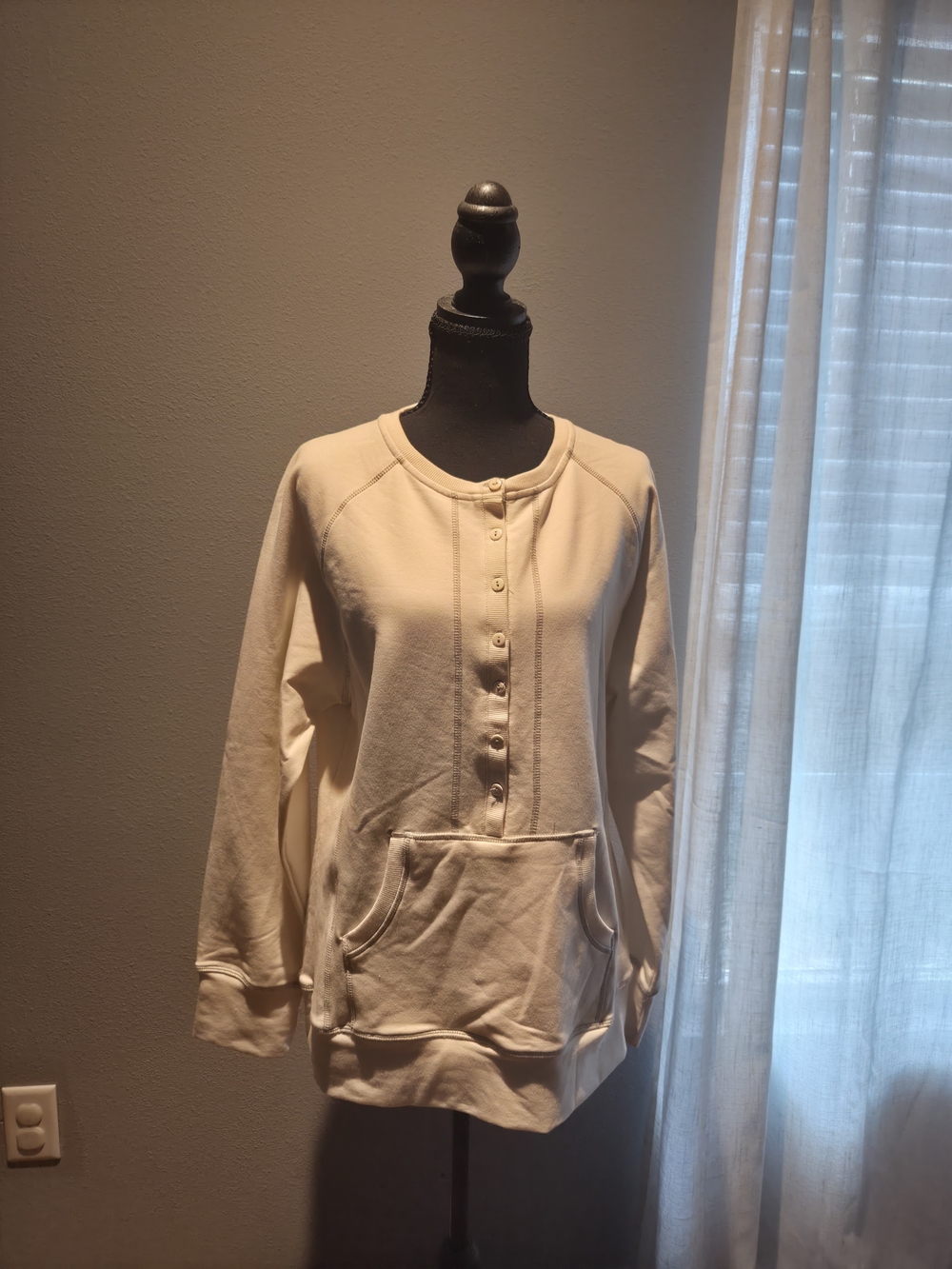 Cream Button-Front Kangaroo Pocket Pullover Sweatshirt